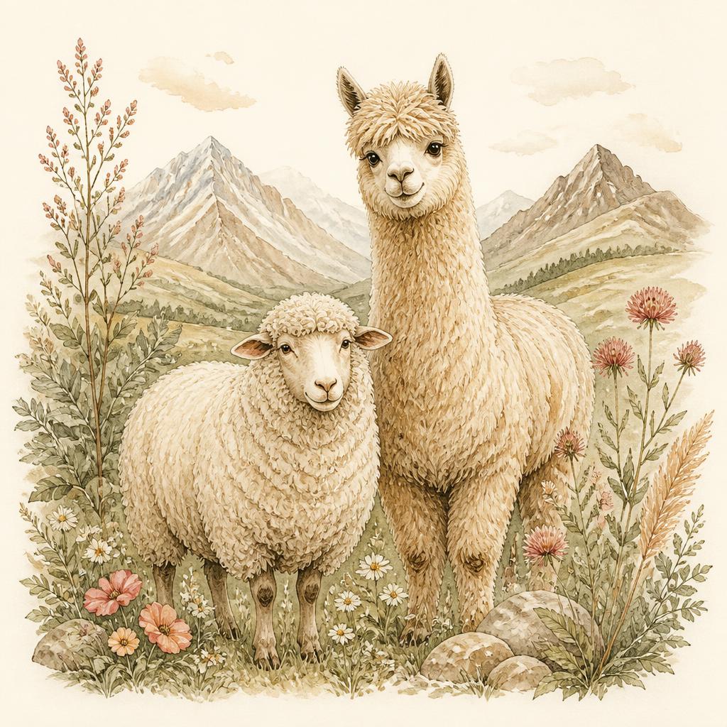 Watercolor illustration of a fluffy sheep and gentle alpaca in a mountain meadow with wildflowers